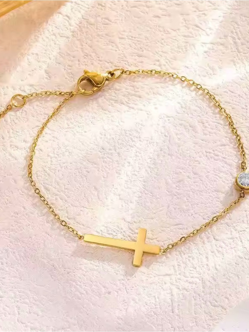 18K Gold Plated Cross & CZ Charm Chain Bracelet Waterproof Stainless Steel